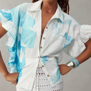 Anthropologie Anne Guest Cyanotype Ruffle-Sleeve Button down Blouse M nwt
